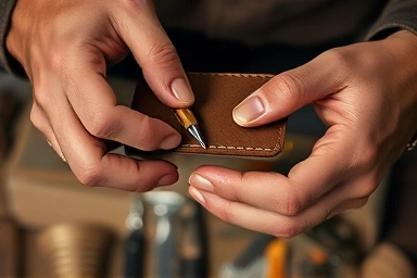 Hands crafting a leather wallet, close-up, workshop.