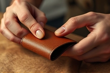 Hands crafting a leather wallet, detailed stitching, artisanal process.