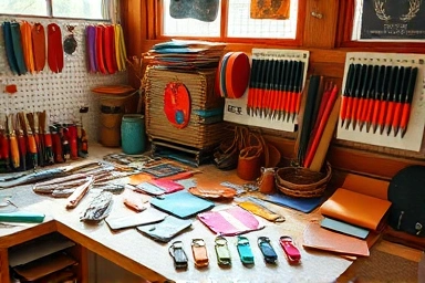 Leather crafting workspace, tools, colorful leather scraps, small goods.