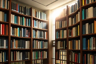 Peaceful library with sunlight and books