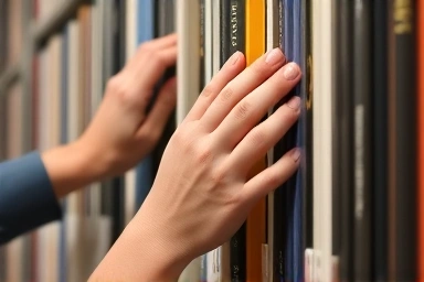 Hands organizing books on a library shelf