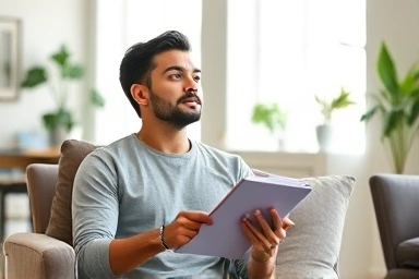 Person contemplating future with notebook, symbolizing life coaching.