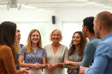 Diverse group collaborating, representing personal growth and connection.