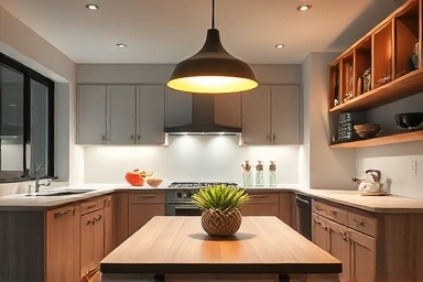 Modern kitchen with task and decorative lighting, emphasizing functionality.
