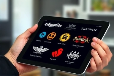 Close-up of hand selecting unique logo designs on a tablet.