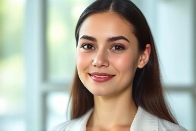 Young woman with clear skin, natural beauty, confidence.