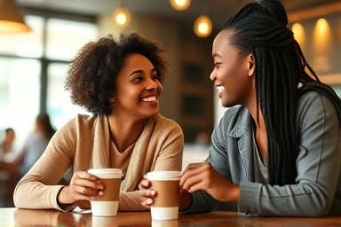Happy couple making eye contact at a cafe, symbolizing a successful matchmaking.