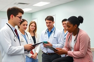 Medical students practicing patient interaction in a simulation lab.