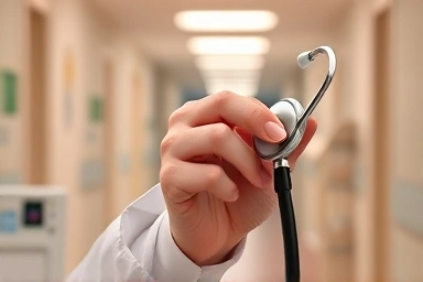Close-up of medical student's hands with stethoscope in hospital.