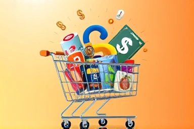 Digital shopping cart with international goods and money symbols
