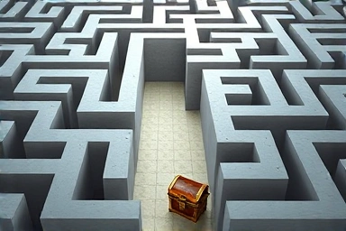 Labyrinth leading to a treasure chest, symbolizing profitable proxy buying