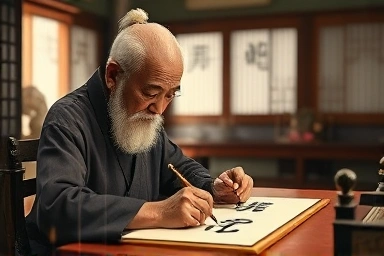 Wise calligrapher creating a name with positive energy.