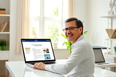 Person working on a newsletter at a desk, smiling.