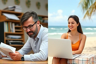 Contrast between traditional job and digital nomad lifestyle.