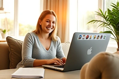 Woman managing online community from home, symbolizing flexible income.