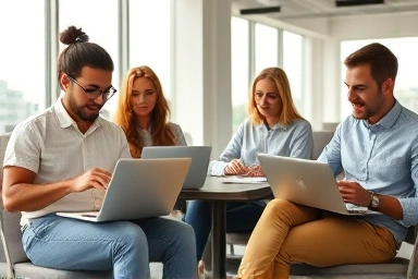 Office workers doing side hustles on laptops, diverse, productive, financial freedom