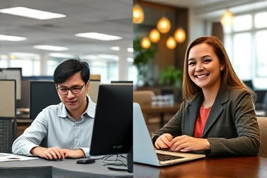 Office worker vs. flexible online side hustle in cafe