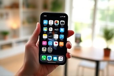 Smartphone with app icons, home office, productive side hustle