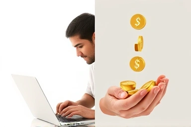 Freelancer at laptop, digital coins, online income streams