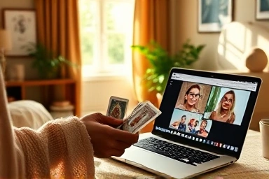 Home office with tarot cards and laptop for online consultation.