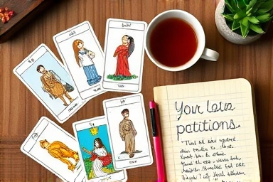 Detailed tarot spread on a desk with tea and notes.