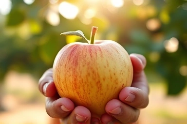 Hand holding a ripe apple, symbolizing harvest and fresh produce.
