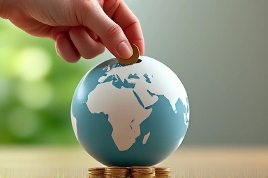 Hand saving coins into a globe piggy bank