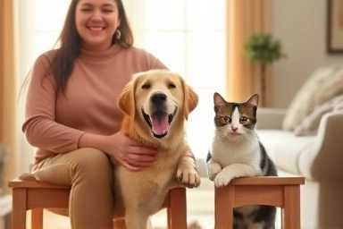 Person caring for dog and cat in a cozy home.