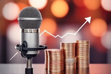 Podcast microphone and financial growth graph.