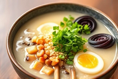 Healthy bowl of Korean porridge with fresh toppings.