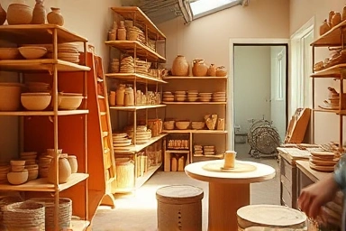 Cozy pottery studio with handcrafted ceramics and a potter's wheel.
