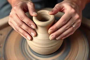 Hands shaping clay on a pottery wheel, symbolizing craftsmanship.