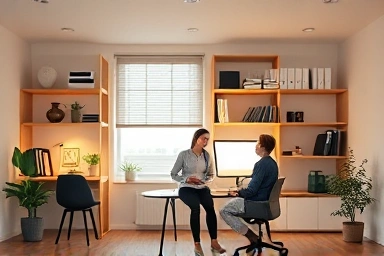 Professional organizer consulting with client in a tidy home.