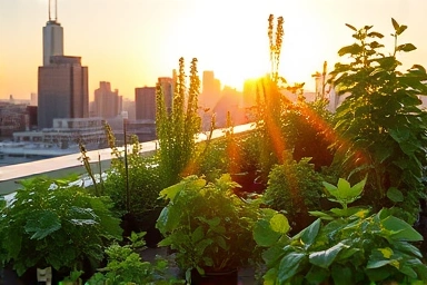 Urban rooftop garden thriving with produce, city backdrop, profitable green space