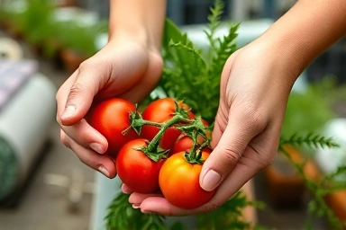 Hands harvesting fresh tomatoes from urban rooftop garden