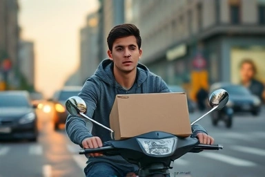 Delivery person on scooter in city, earning money fast.