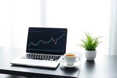 Laptop with stock graph, coffee, plant, productive desk.