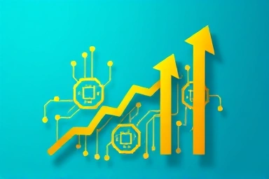 Golden circuit board patterns, upward arrows, technology, financial growth.