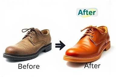 Transformation of a worn shoe to a restored, like-new shoe.