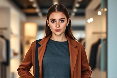 Fashion model showcasing clothing in a modern retail setting.
