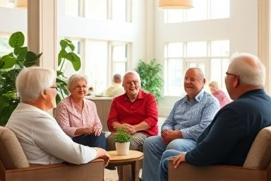 Seniors socializing happily in a bright, modern common area.