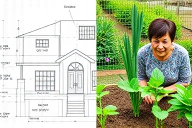 Senior living facility blueprint and a vibrant community garden.