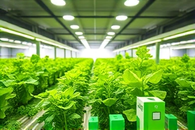 Indoor vertical farm with healthy green vegetables under LED lights.