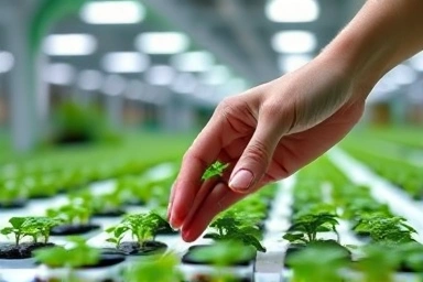 Hand tending to a seedling in a smart hydroponic farming system.