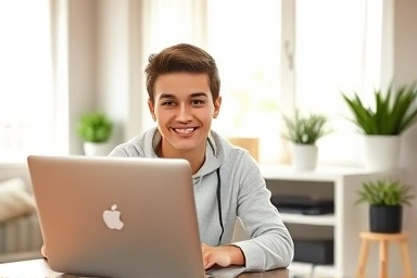 Motivated individual working from home with laptop
