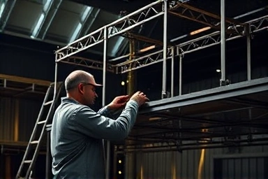 Skilled worker assembling intricate stage structure with precision.