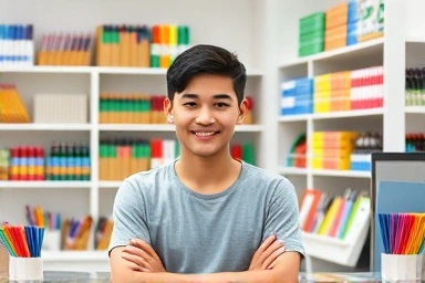 Friendly stationery store employee demonstrating proactive service.