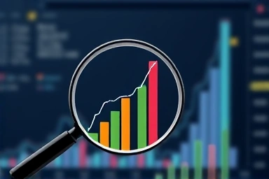 Magnifying glass on stock chart showing upward trend.