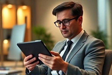 Office worker discreetly checking stock charts on a tablet.