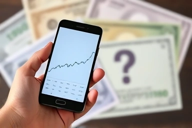 Financial app showing growth with stock and question mark